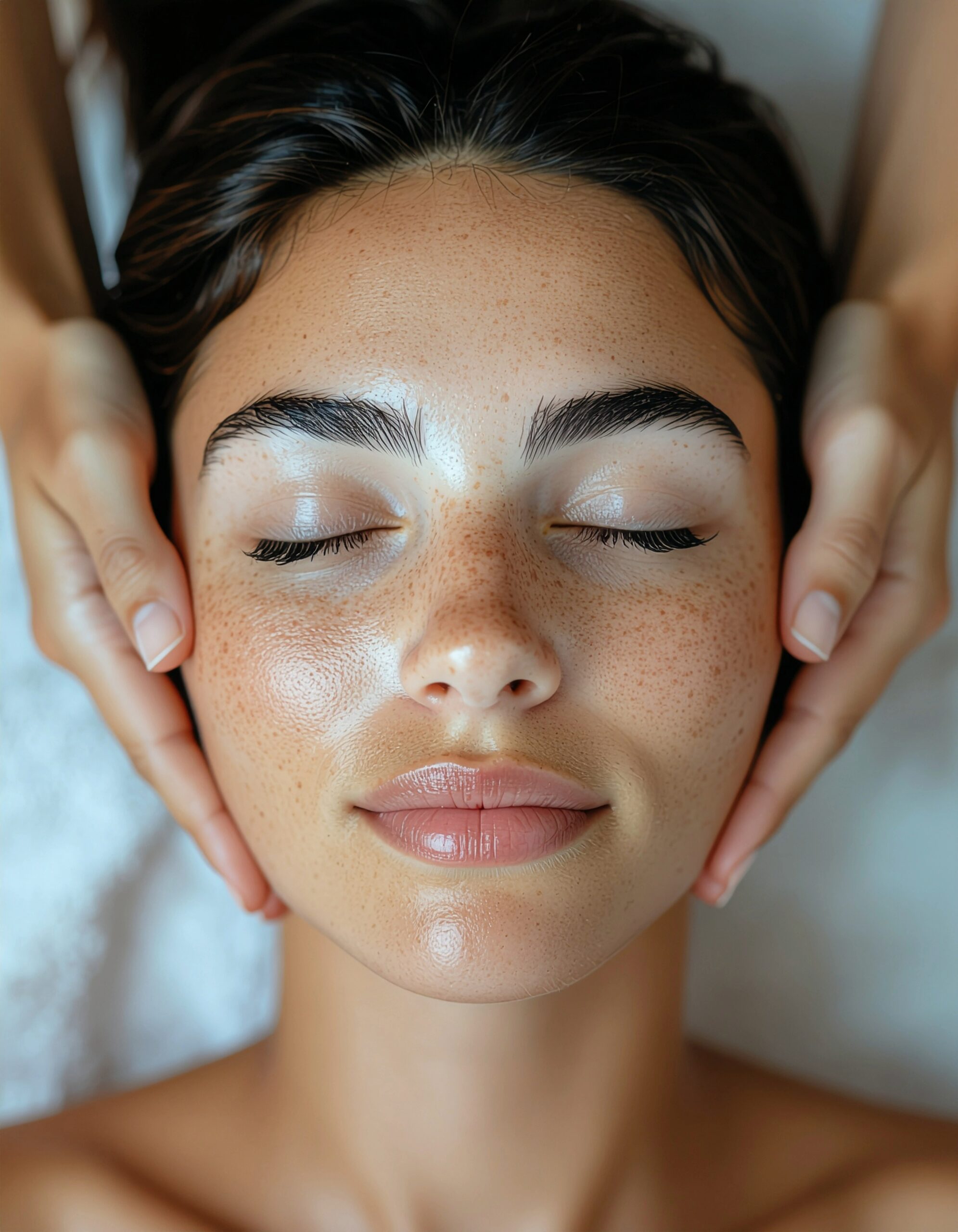 Headshot of beautiful relaxed lady with closed eyes, view from above, spa therapist doing facial and head massage in beauty salon.