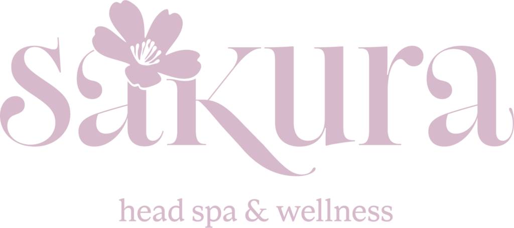 logo in an elegant style, with the text "sakura head spa & wellness" in light pink colours on a solid background.