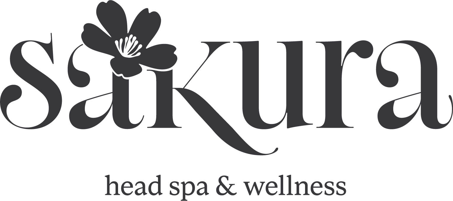 logo in an elegant style, with the text "sakura head spa & wellness" in black and white on a solid background.