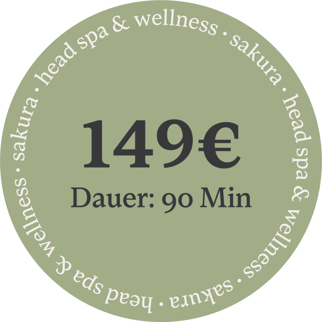 sticker with text "head spa & wellness" and numbers of the price, transparent background, light green color, white letters, round shape, in style of adobe illustrator vector art, add to it small black sakura tree logo on top right corner