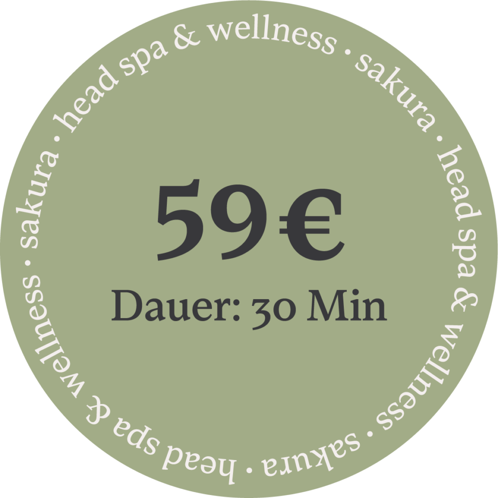 sticker with text "head spa & wellness" and numbers of the price, transparent background, light green color, white letters, round shape, in style of adobe illustrator vector art, add to it small black sakura tree logo on top right corner