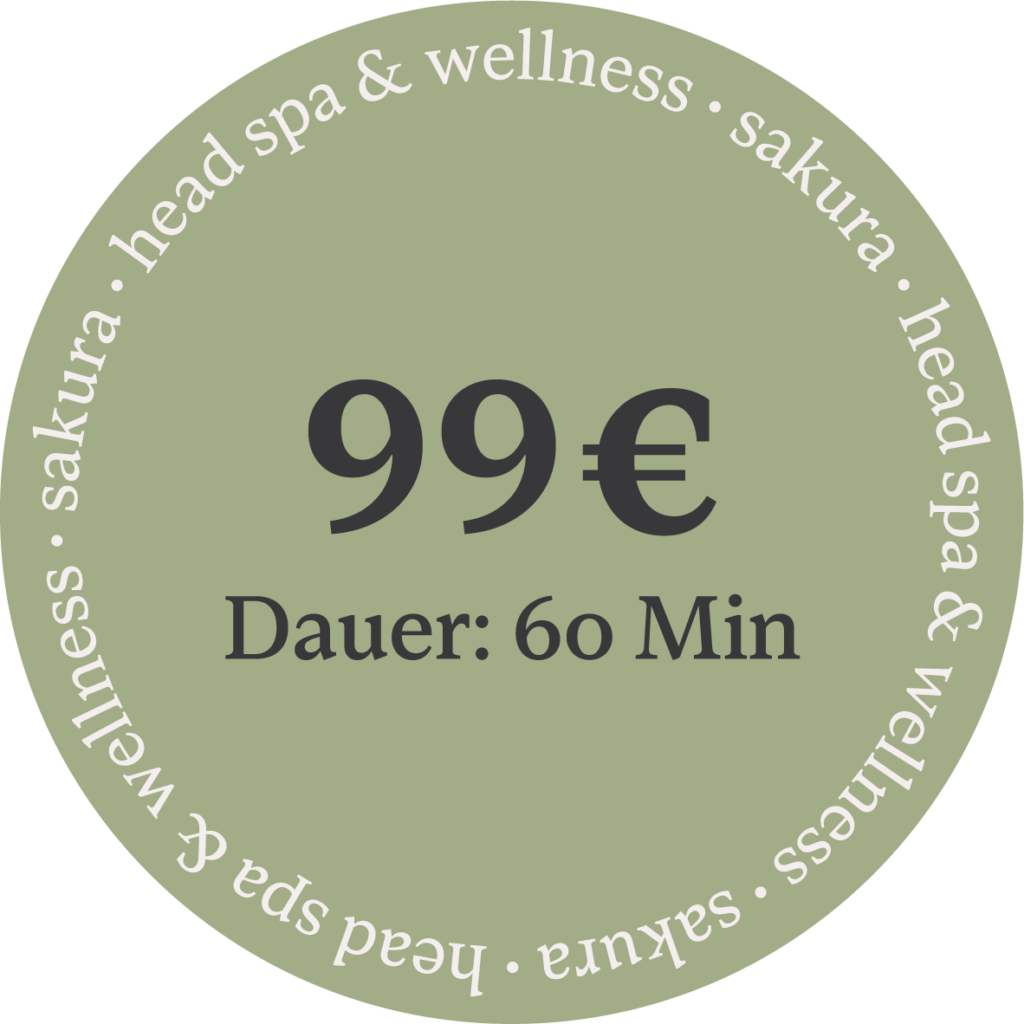 sticker with text "head spa & wellness" and numbers of the price, transparent background, light green color, white letters, round shape, in style of adobe illustrator vector art, add to it small black sakura tree logo on top right corner