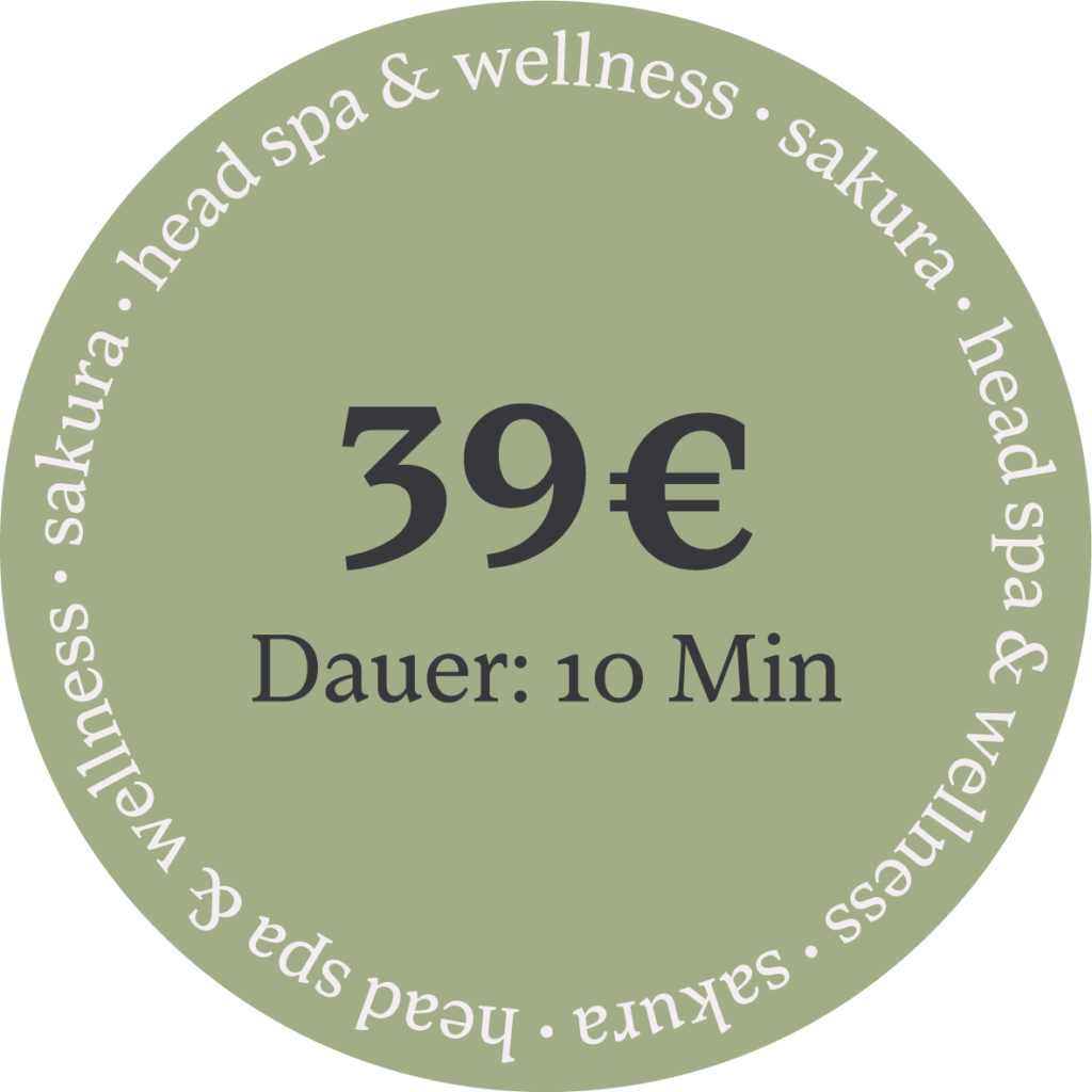 sticker with text "head spa & wellness" and numbers of the price, transparent background, light green color, white letters, round shape, in style of adobe illustrator vector art, add to it small black sakura tree logo on top right corner