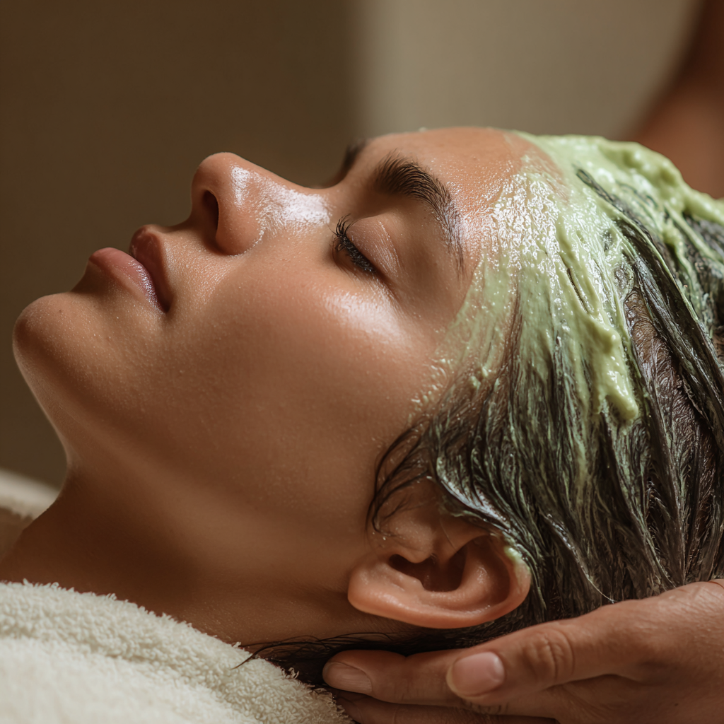 a woman is lying down with her head on a massage table, and green scrub has been applied to one side of her hair for an intense masking experience in a spa salon. close-up shot, professional photography, natural lighting, high resolution